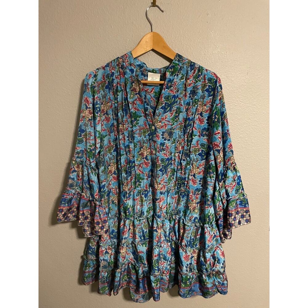 Bold & Beautiful Womens Tunic One Size Blue Floral Silk Satin Tiered Flowy Fairy